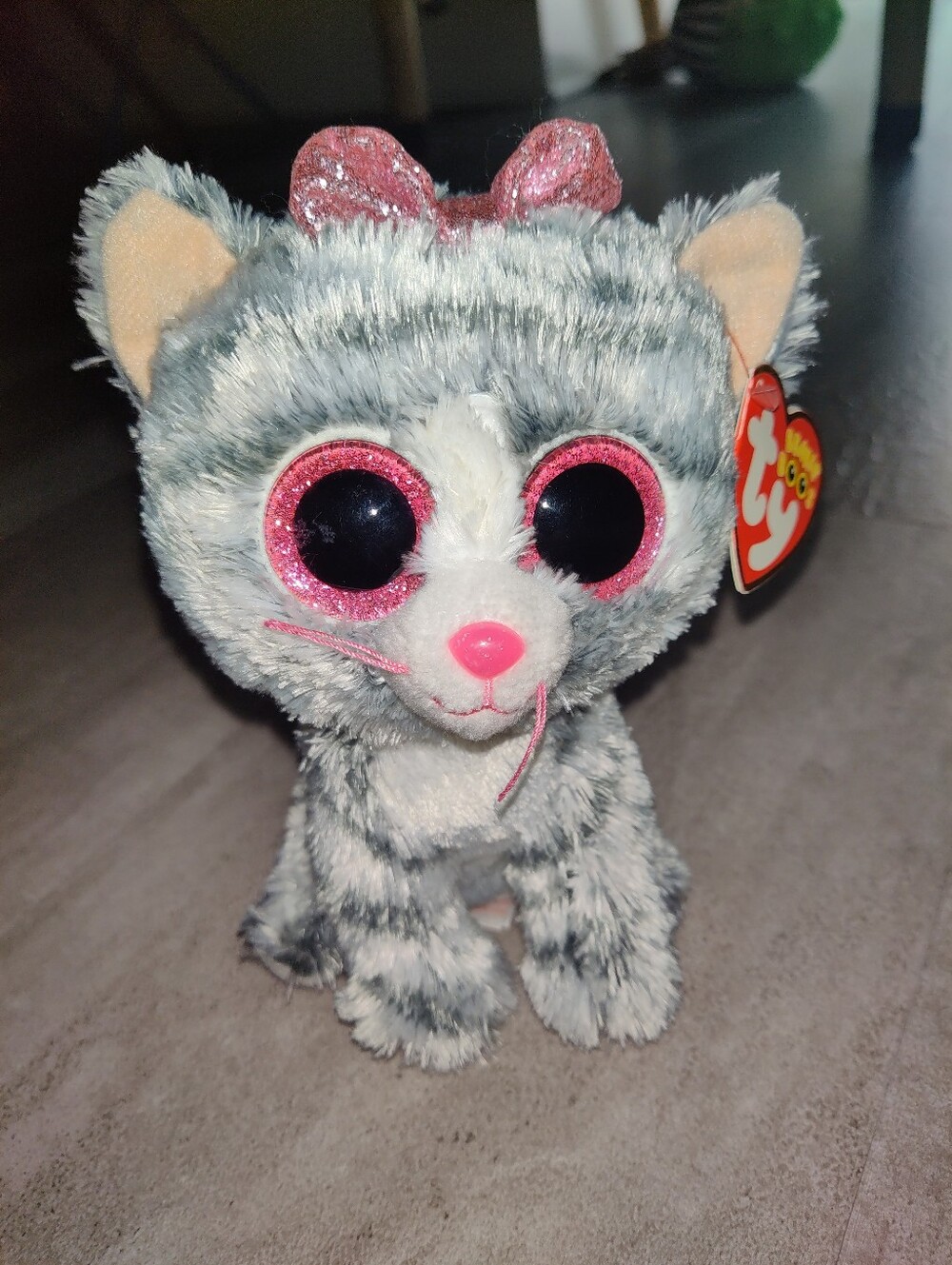 Ty Beanie Boos Kiki Gray Cat Plush Pink Glitter Eyes Kitty With Tag